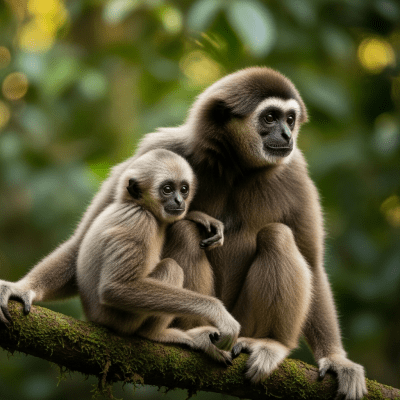 Photograph of a juvenile Müller's gibbon (apes) alongside an adult in their environment