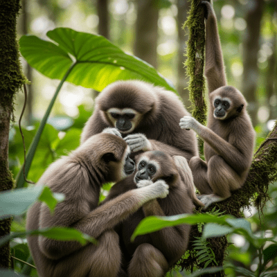Image showing a group of Müller's gibbon (apes) engaging in typical social behavior