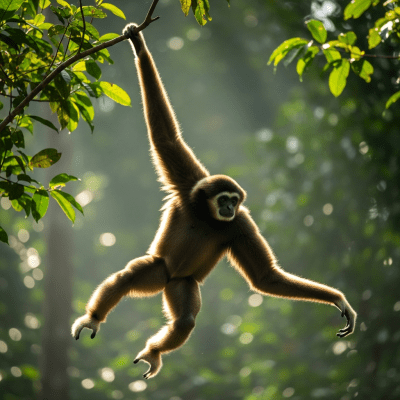 Photograph of a Müller's gibbon (apes) in its natural habitat