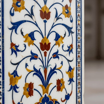 Close-up detail shot of a distinctive feature or ornamentation from the Mughal (architecture), showing material texture, craftsmanship, or unique design elements