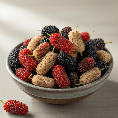 A high resolution image of several fresh Mulberrys arranged in a simple bowl, representing their use within the taxonomy berries
