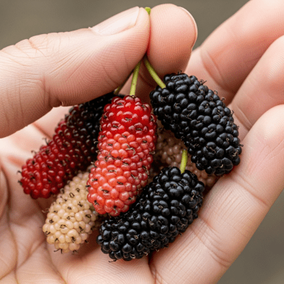 A factual photograph of a hand holding a ripe Mulberry, illustrating its size and appearance for the taxonomy berries