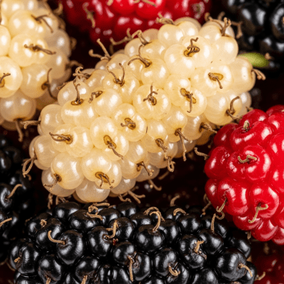 A detailed macro close-up of the surface texture of a fresh Mulberry
