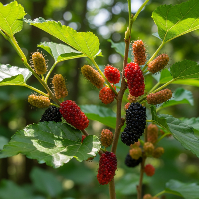 A naturalistic photograph of a Mulberry growing on its plant in its typical environment, representing the taxonomy berries