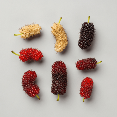 An overhead view photograph of several pieces of the Mulberry, from the fruits taxonomy, arranged aesthetically on a plain background