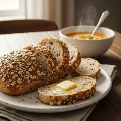 Photograph of Multigrain Bread, shown being served or eaten as part of a meal