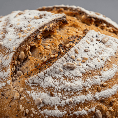 Macro photograph focusing on the crust and surface texture of Multigrain Bread