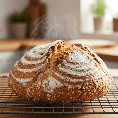 Photograph of freshly baked Multigrain Bread, cooling on a wire rack