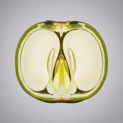 A cross-sectional view of a single Mung Bean (beans), sliced cleanly to reveal its internal structure and composition