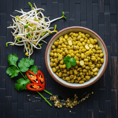 Image of cooked Mung Bean (beans) presented as part of a traditional dish or cuisine, plated attractively and photographed from above