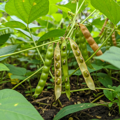 An image of Mung Bean, belonging to the taxonomy beans, displayed in its natural environment—such as growing on a plant or vine, surrounded by leaves and soil