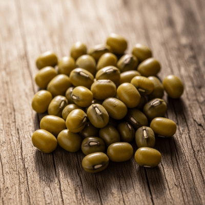 A handful of uncooked Mung Bean beans (beans) scattered on a rustic wooden surface, photographed in natural light to emphasize their variety and color