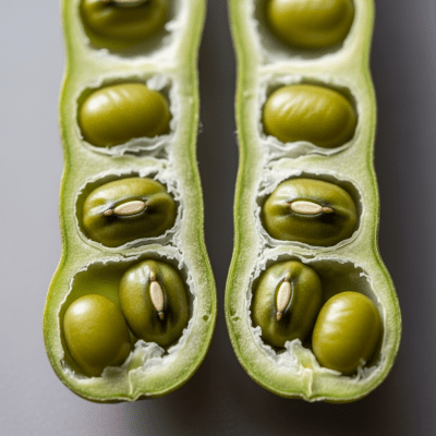 Close-up macro image of the Mung Bean (legumes) cut in half, displaying its internal structure and details such as seed arrangement, pod interior, or cross-section textures