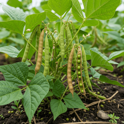 Photograph of the Mung Bean (legumes) growing naturally on its plant in an outdoor agricultural or garden setting, showing leaves, pods, and surrounding soil or greenery