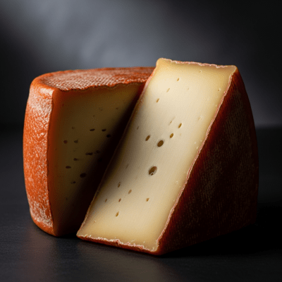 A wedge or whole Münster from the taxonomy cheeses, styled in an elegant, editorial manner.