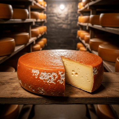 A whole wheel or block of Münster, shown in an artisanal cellar or aging environment typical for this cheese