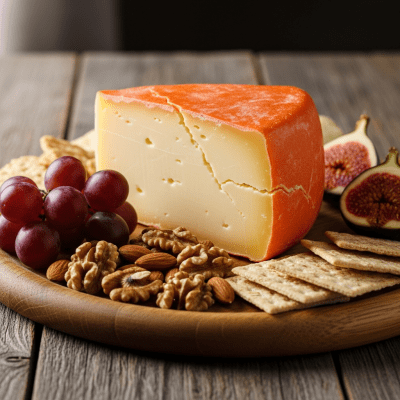 A serving of Münster arranged as part of a traditional cheese platter with fruits, nuts, and crackers