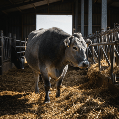 Documentary-style image of a Murray Grey in a barn or shelter environment, showing typical housing conditions for cows