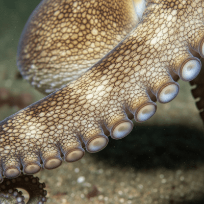 Naturalistic close-up photograph of a single arm of a Musky Octopus, focusing on the suckers, skin texture, and coloration details