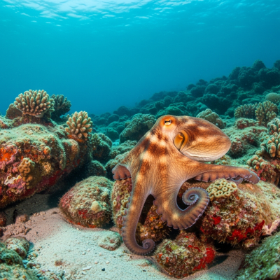 A realistic underwater scene featuring a Musky Octopus of the taxonomy octopuses in its natural marine environment
