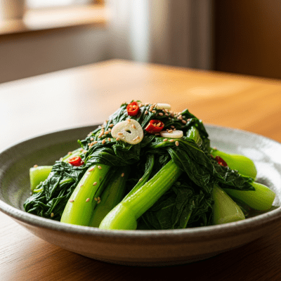 Photograph of a prepared dish or serving featuring the Mustard Greens, as commonly used in cuisine within the taxonomy vegetables