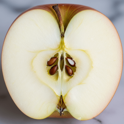 A close-up image showing a cross-section of a Mutsu (Crispin) of the taxonomy apples, sliced cleanly in half to reveal internal structure, seeds, and flesh