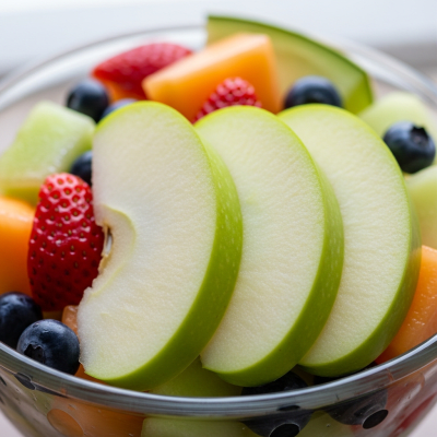 A photograph of a freshly sliced Mutsu (Crispin) of the taxonomy apples, presented as part of a fruit salad in a clear bowl