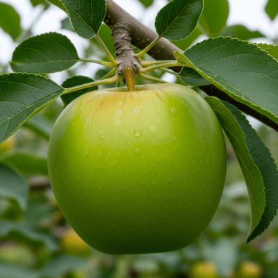 A naturalistic photograph of a Mutsu (Crispin), hanging on its tree branch with leaves visible