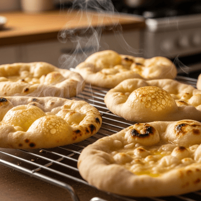 Photograph of freshly baked Naan, cooling on a wire rack