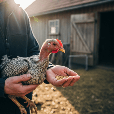 Photograph of a Naked Neck from the chicken taxonomy interacting with humans in a typical farm setting