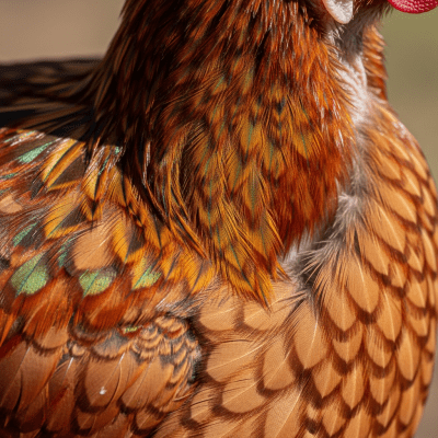 Close-up macro photograph highlighting the feather texture and coloration of a Naked Neck from the chicken taxonomy