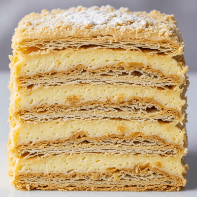 Detailed cross-sectional view of a sliced Napoleon Cake (cake), showing internal layers, textures, and ingredients