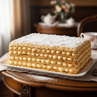 A realistic image of a whole Napoleon Cake (cake) displayed on a classic dessert table in a home or bakery setting