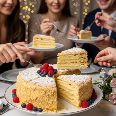A scene showing the Napoleon Cake (cake) being served or enjoyed at a festive occasion, such as a birthday party or wedding