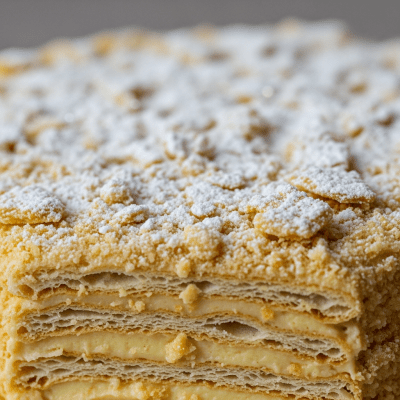 Close-up macro photograph of the surface texture and decoration of a Napoleon Cake (cake)