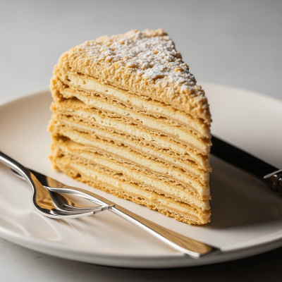 An image of a single slice of Napoleon Cake, from the cake taxonomy, isolated on a plate with simple cutlery