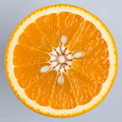 A detailed close-up cross-sectional image of a Navel Orange from the oranges taxonomy, sliced cleanly in half to reveal the interior segments, pulp, and rind structure