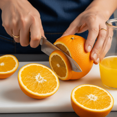 A realistic depiction of a Navel Orange from the oranges taxonomy being used in a culinary context, such as being sliced on a cutting board or prepared for juice