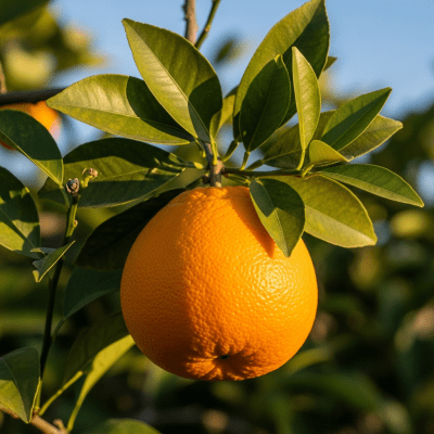 A naturalistic scene featuring a Navel Orange from the oranges taxonomy growing on a tree with leaves and branches visible
