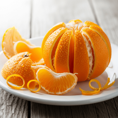 Editorial-style image of a freshly peeled Navel Orange from the oranges taxonomy arranged appealingly on a simple plate or surface.