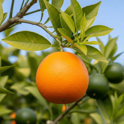 A naturalistic scene featuring a Navelina Orange from the oranges taxonomy growing on a tree with leaves and branches visible