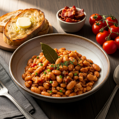 Image of cooked Navy Bean (beans) presented as part of a traditional dish or cuisine, plated attractively and photographed from above