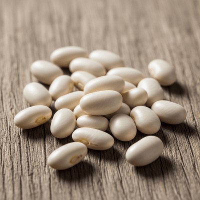 A handful of uncooked Navy Bean beans (beans) scattered on a rustic wooden surface, photographed in natural light to emphasize their variety and color