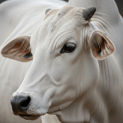Close-up photograph of the head and face of a Nelore (Nellore), focusing on distinctive features such as eyes, ears, and fur texture