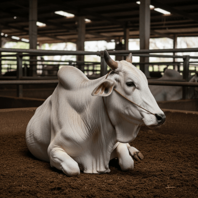 Documentary-style image of a Nelore (Nellore) in a barn or shelter environment, showing typical housing conditions for cows