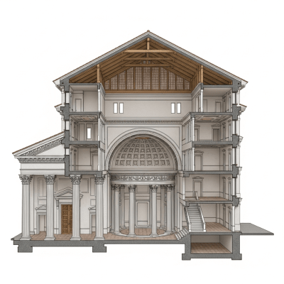 Detailed cross-sectional illustration or cutaway view showing the internal layout and key structural elements of the Neo-Classical (architecture)