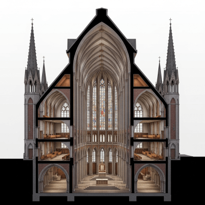 Detailed cross-sectional illustration or cutaway view showing the internal layout and key structural elements of the Neo-Gothic (architecture)