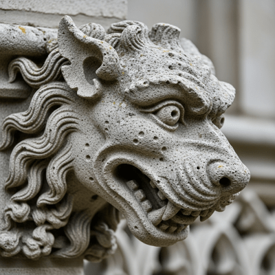 Close-up detail shot of a distinctive feature or ornamentation from the Neo-Gothic (architecture), showing material texture, craftsmanship, or unique design elements