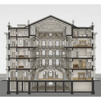 Detailed cross-sectional illustration or cutaway view showing the internal layout and key structural elements of the Neo-Renaissance (architecture)