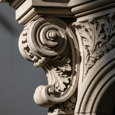 Close-up detail shot of a distinctive feature or ornamentation from the Neo-Renaissance (architecture), showing material texture, craftsmanship, or unique design elements
